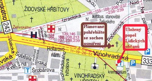 Orientační plánek umístění Strašnického Krematoria a Německého evangelického hřbitova